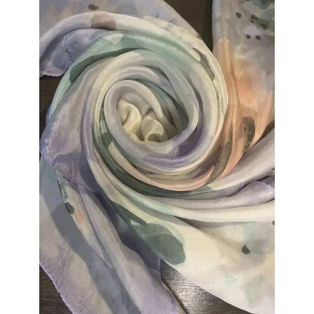 Vintage 60s Pastel Floral Scarf Water Color Lavender Peach Green cottagecore